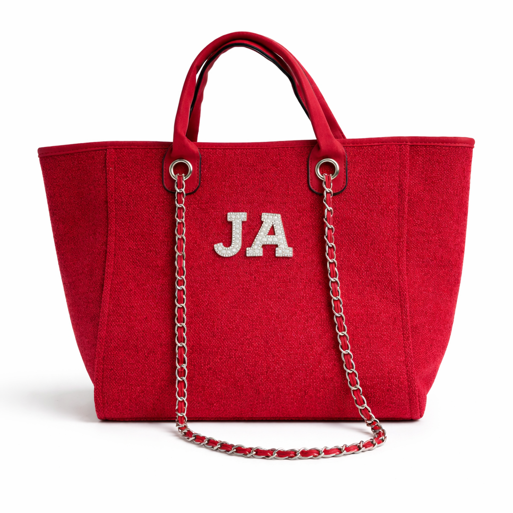 Personalised White Pearl Patch Chain Large Initial Tote Bags