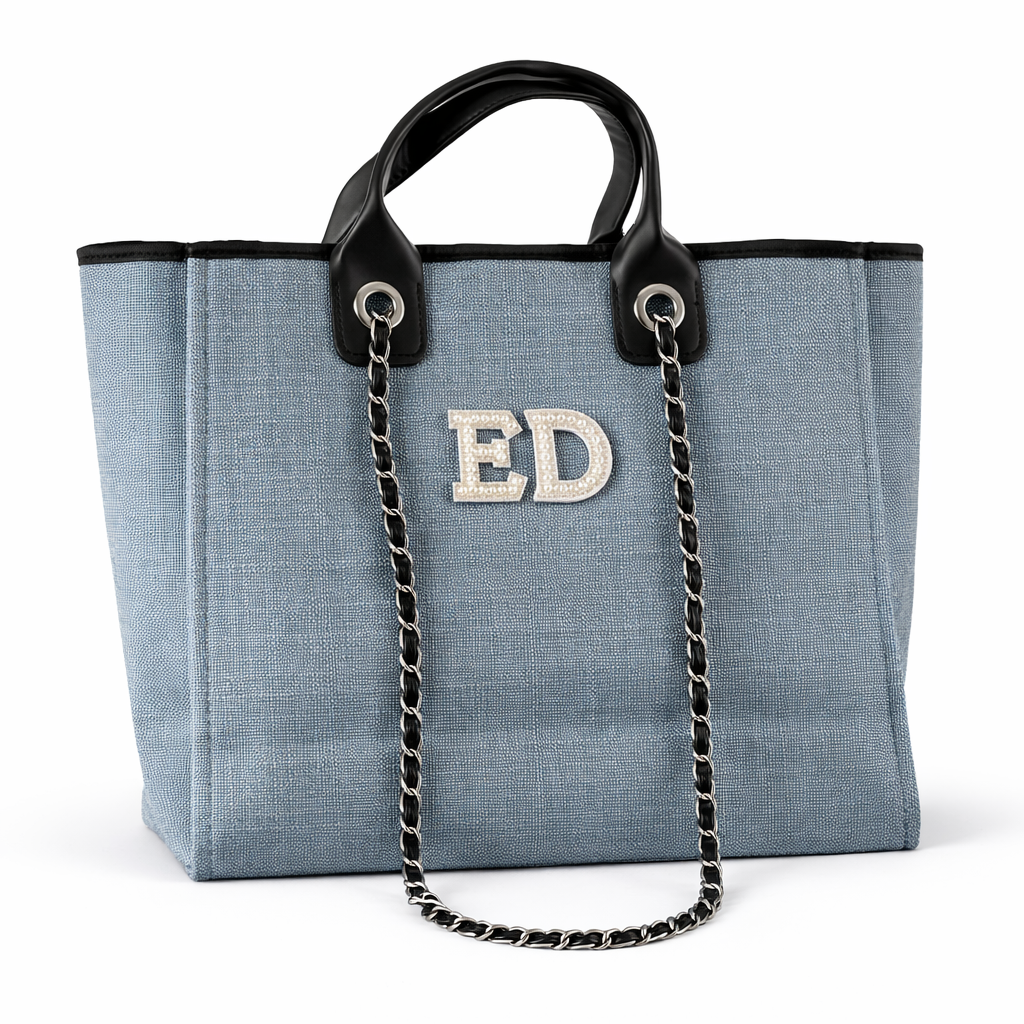 Personalised White Pearl Patch Chain Large Initial Tote Bags