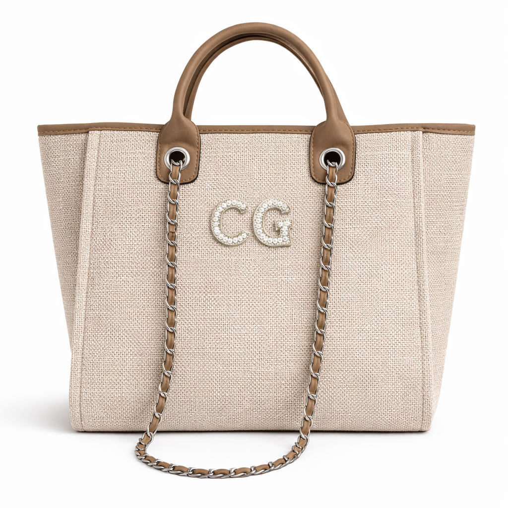 Personalised White Pearl Patch Chain Large Initial Tote Bags
