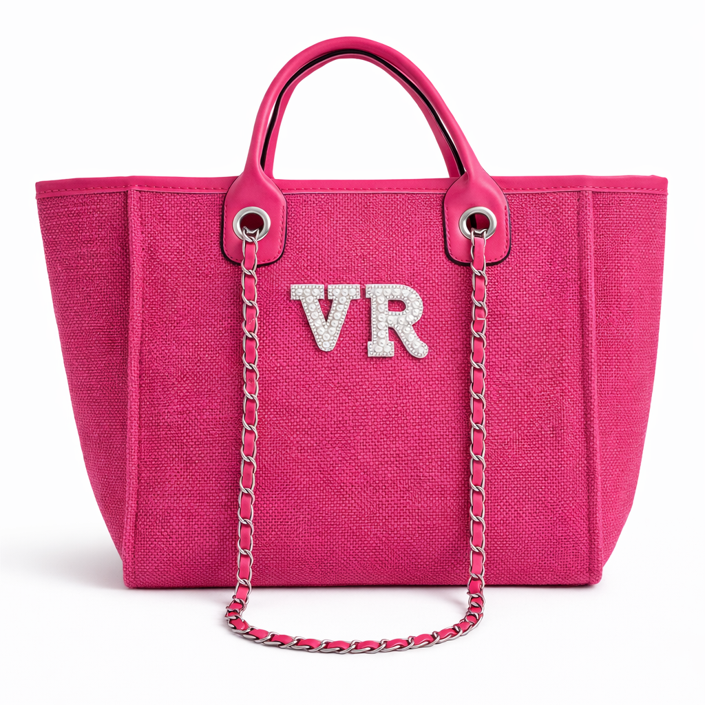 Personalised White Pearl Patch Chain Large Initial Tote Bags