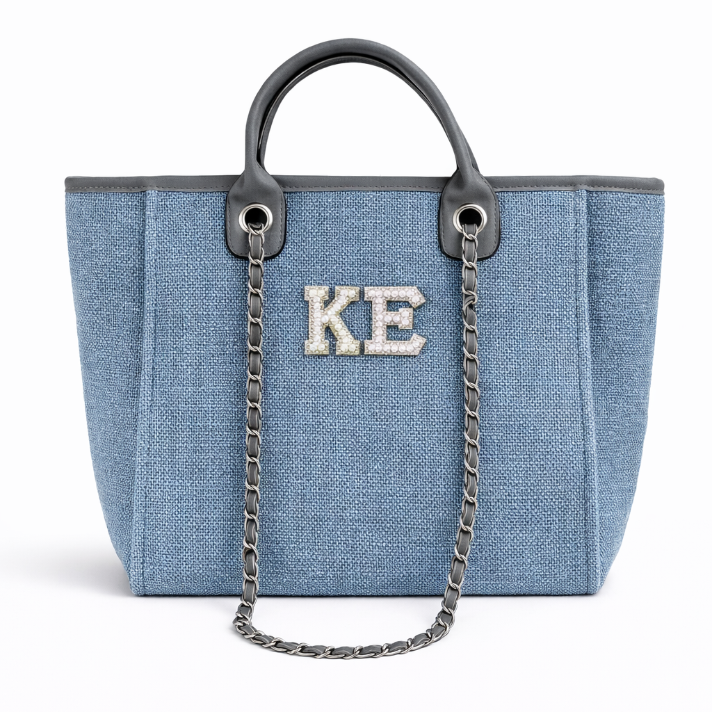 Personalised White Pearl Patch Chain Large Initial Tote Bags