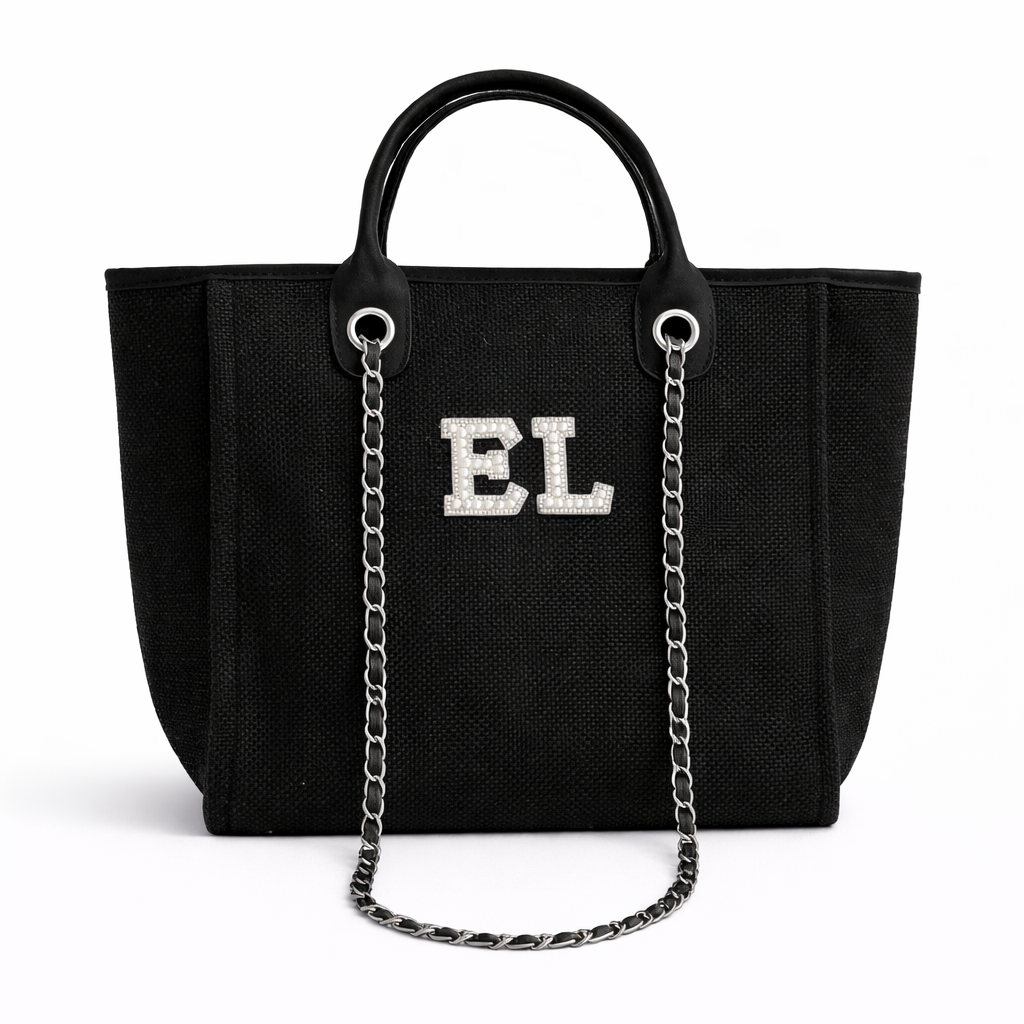 Personalised White Pearl Patch Chain Large Initial Tote Bags