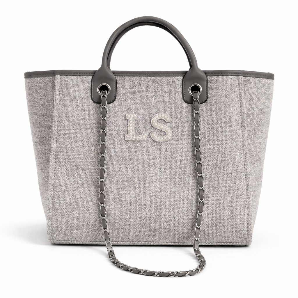 Personalised White Pearl Patch Chain Large Initial Tote Bags