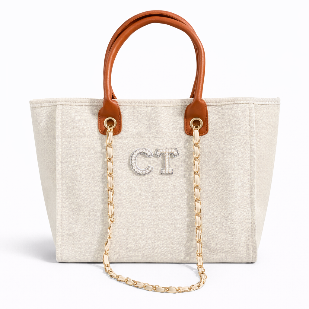 Personalised White Pearl Patch Chain Large Initial Tote Bags