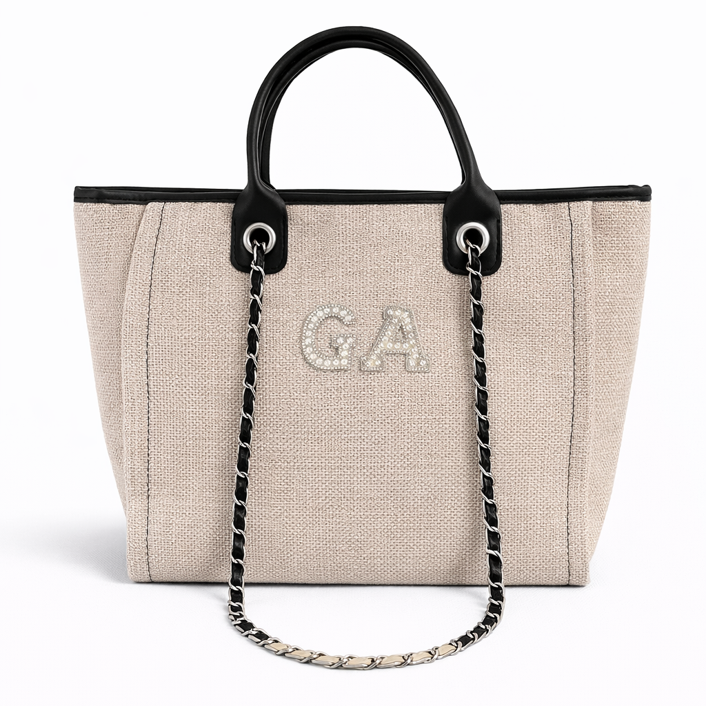 Personalised White Pearl Patch Chain Large Initial Tote Bags