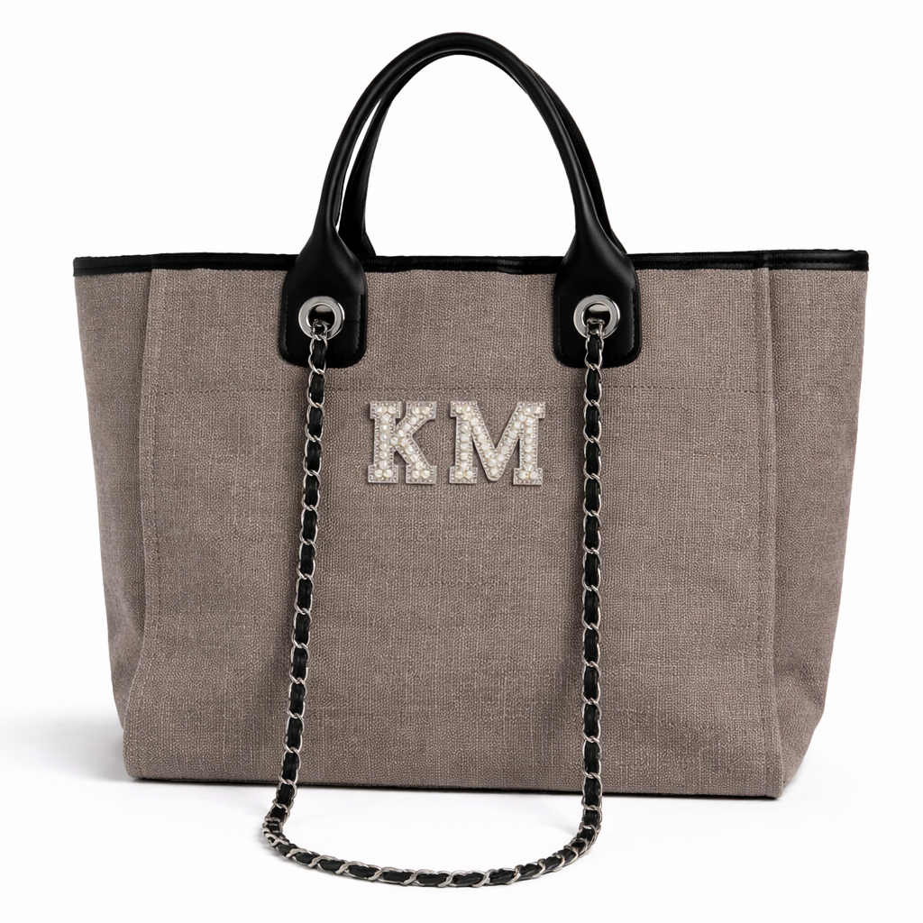 Personalised White Pearl Patch Chain Large Initial Tote Bags