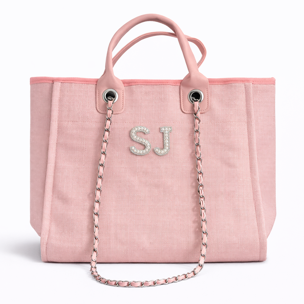 Personalised White Pearl Patch Chain Large Initial Tote Bags