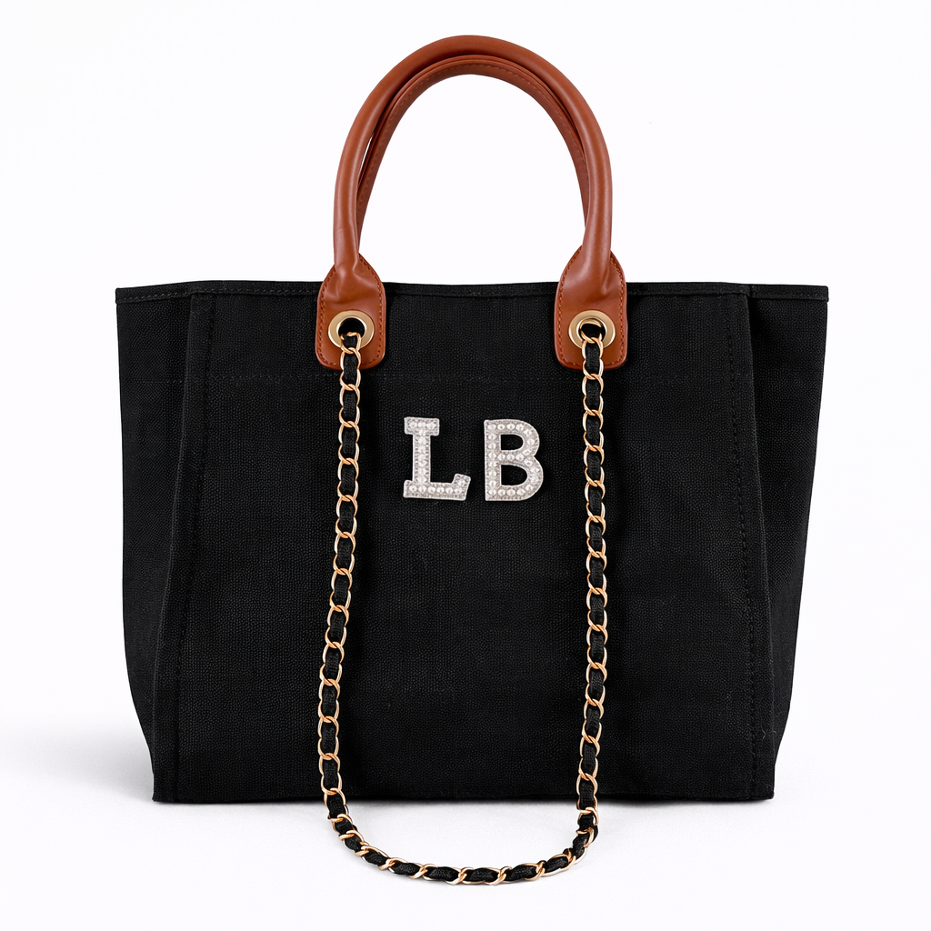 Personalised White Pearl Patch Chain Large Initial Tote Bags