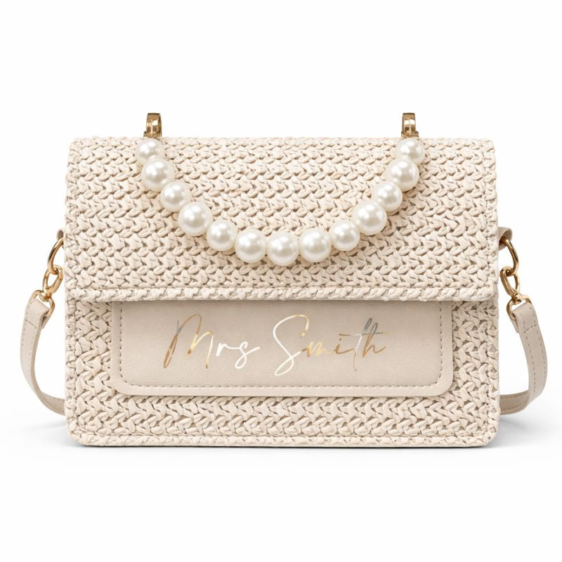 Personalised BETSIE Pearl Straw Clutch Cross Body Bag