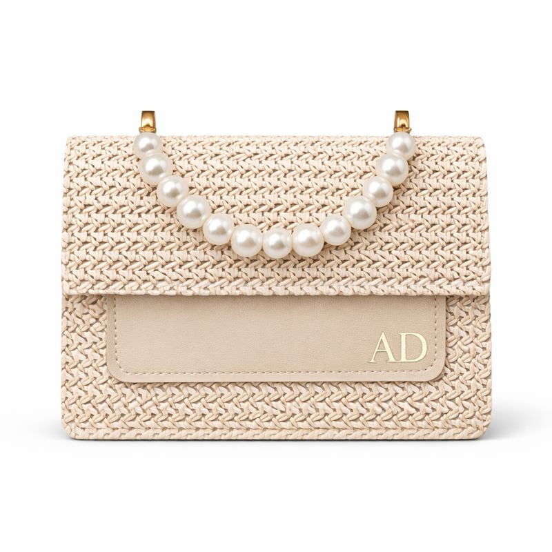 Personalised BETSIE Pearl Straw Clutch Cross Body Bag