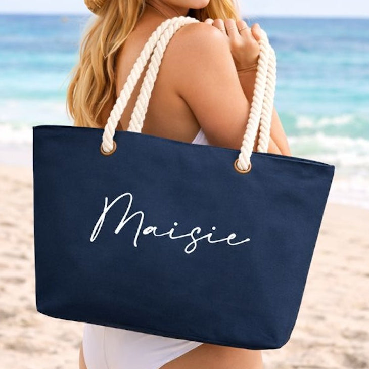 Personalised PALMA Rope Canvas Large Tote Beach Shoulder Bag