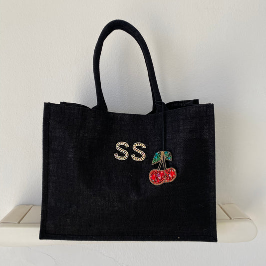 Personalised large black cherry print canvas tote bag | Cloth'N'Card