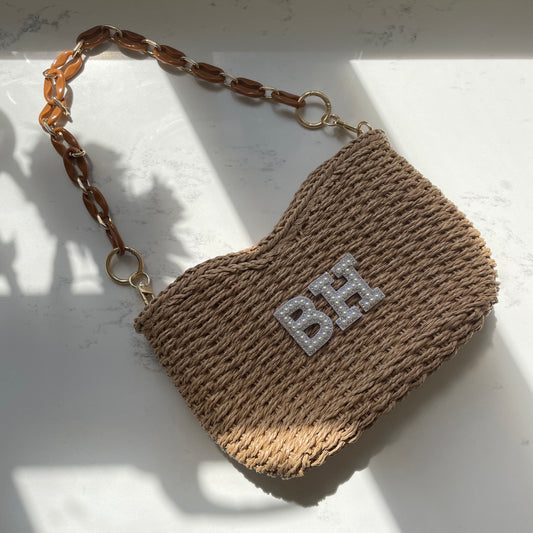 Personalised MARGOT Wicker Straw Patch Shoulder Bag