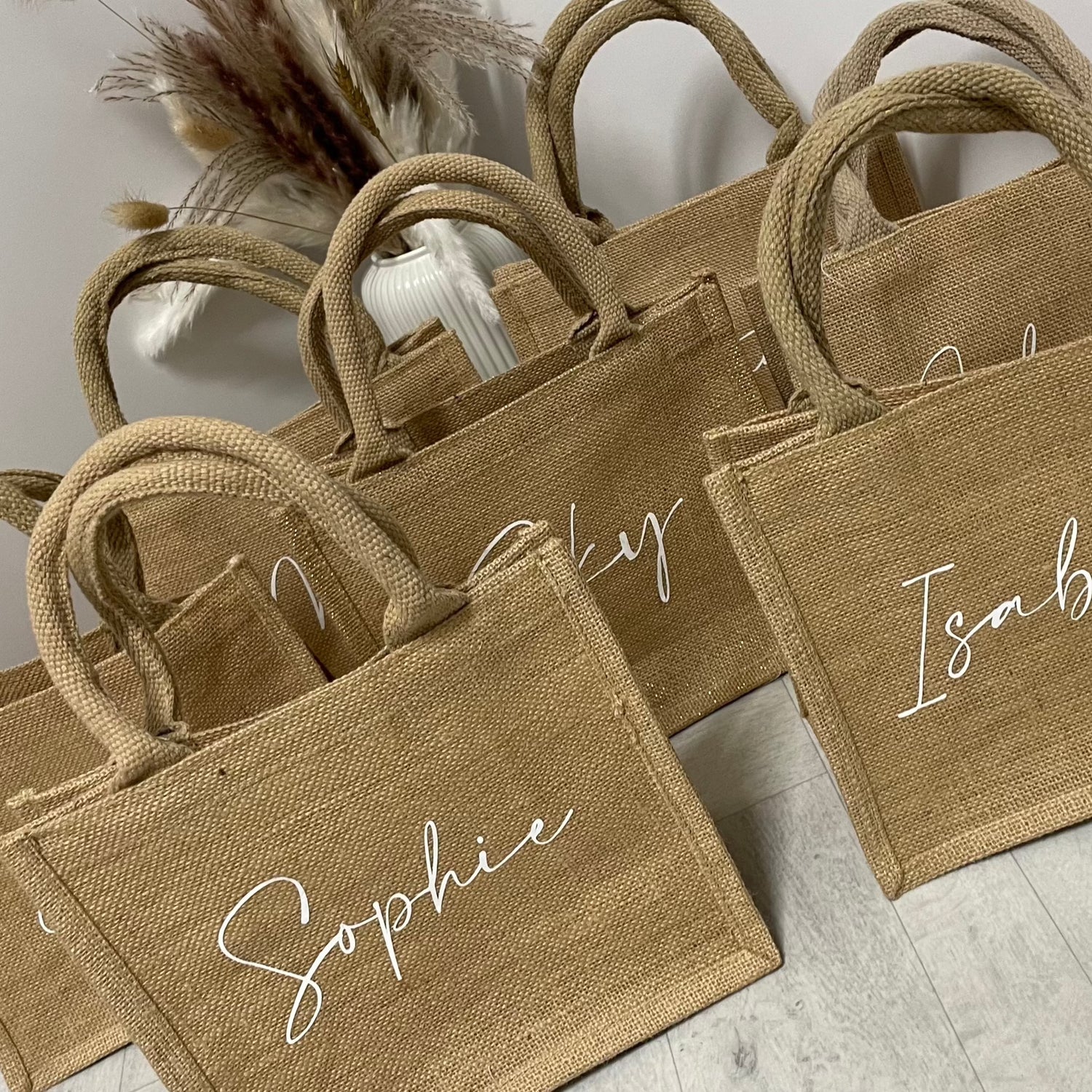 Personalised Square Jute Lunch Bridesmaid Top Handle Gift Bag Cloth N Card