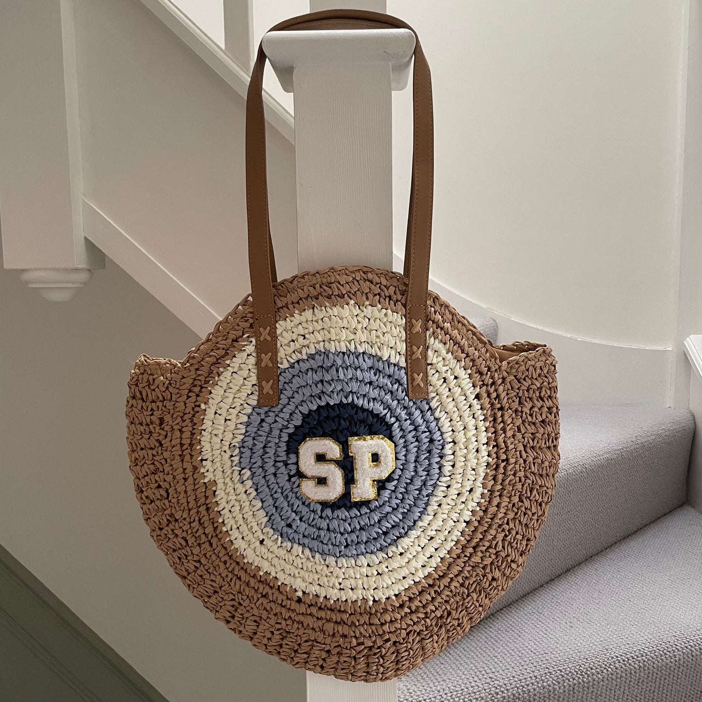 Personalised IRIS Patch Straw Beige Shoulder Tote Beach Bag