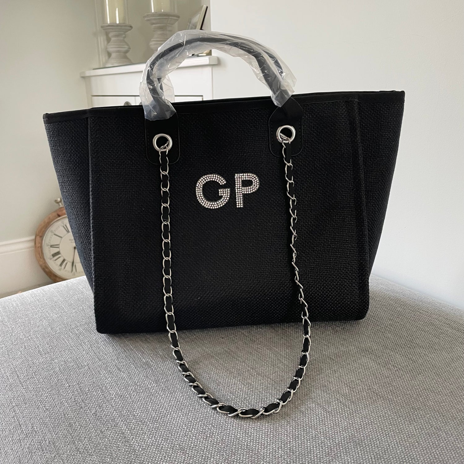 Personalised Silver Diamanté Large Initial Chain Tote Bag – Cloth