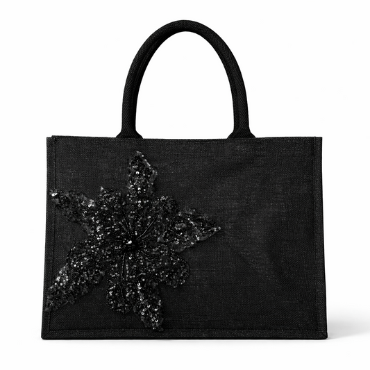 Black Flower Jute Tote Bag