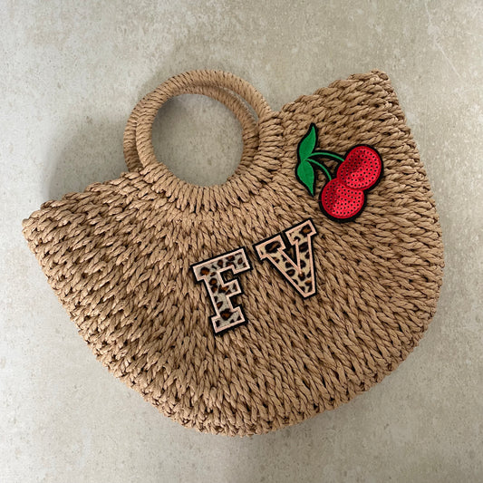 Personalised ADA Cherry Straw Half Moon Semi Circle Basket Drawstring Bag