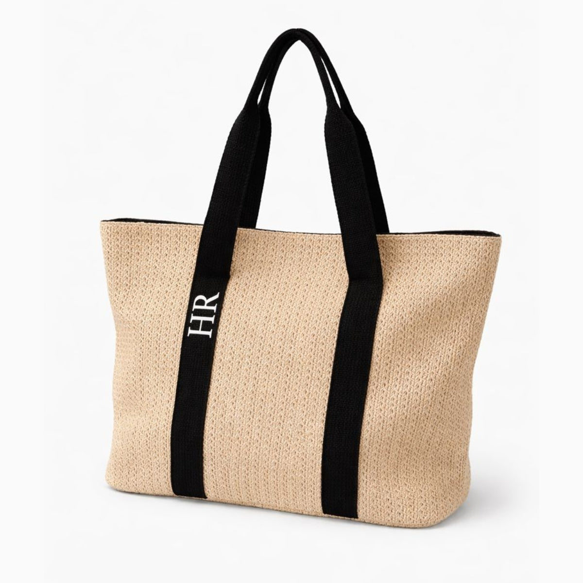 Personalised DANNI Large Black Ribbon Straw Tote Bag
