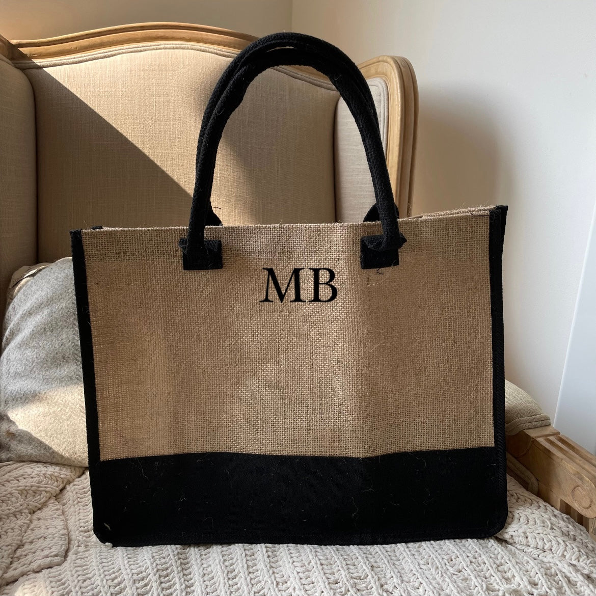 Personalised Square Jute Panel Shoulder Beach Shopper Tote Bag