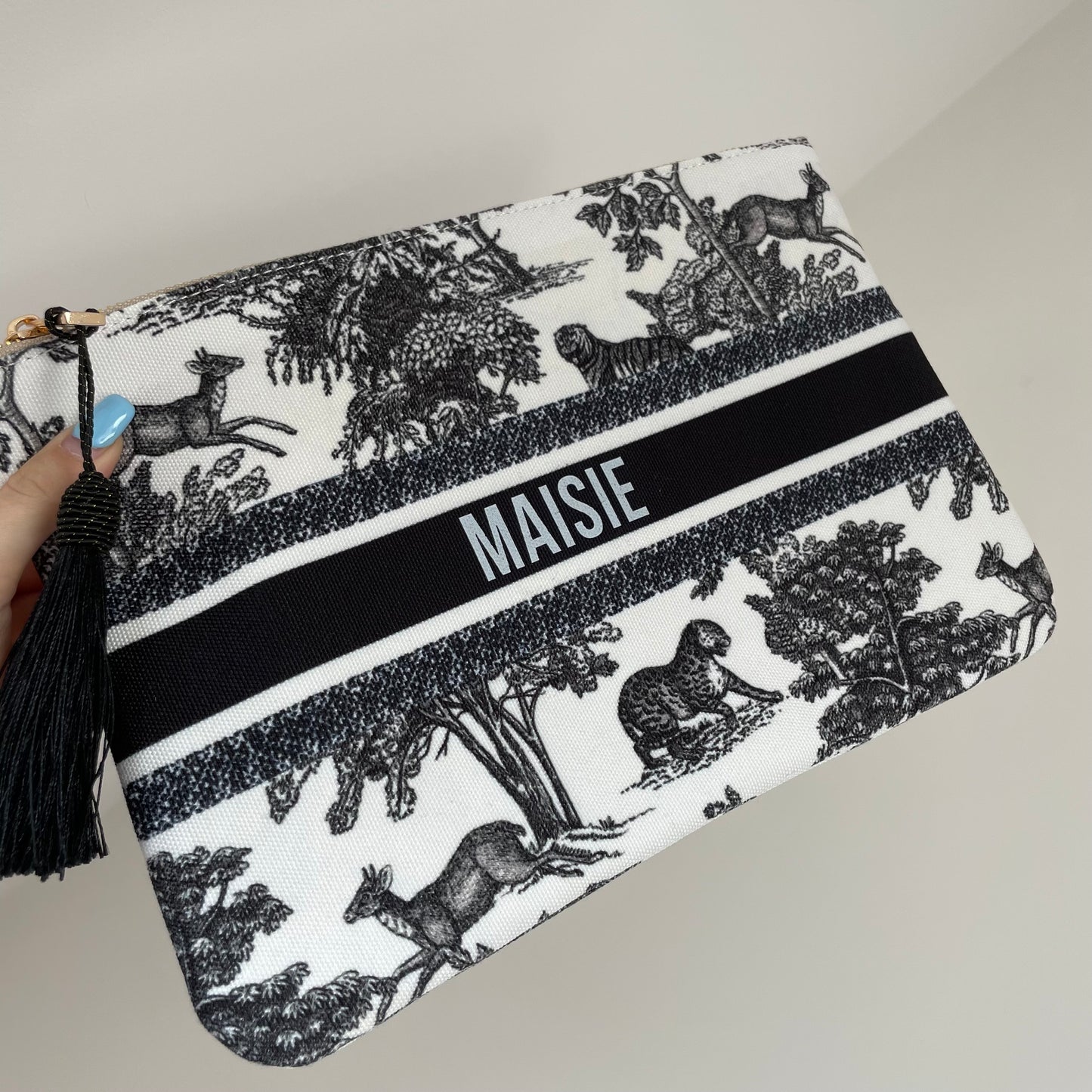 Personalised Tropical Tassel Zip Clutch Pouch