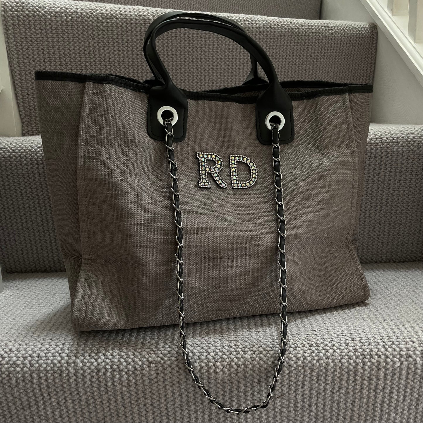 Personalised Silver Black Pearl Patch Chain Large Initial Tote Bags