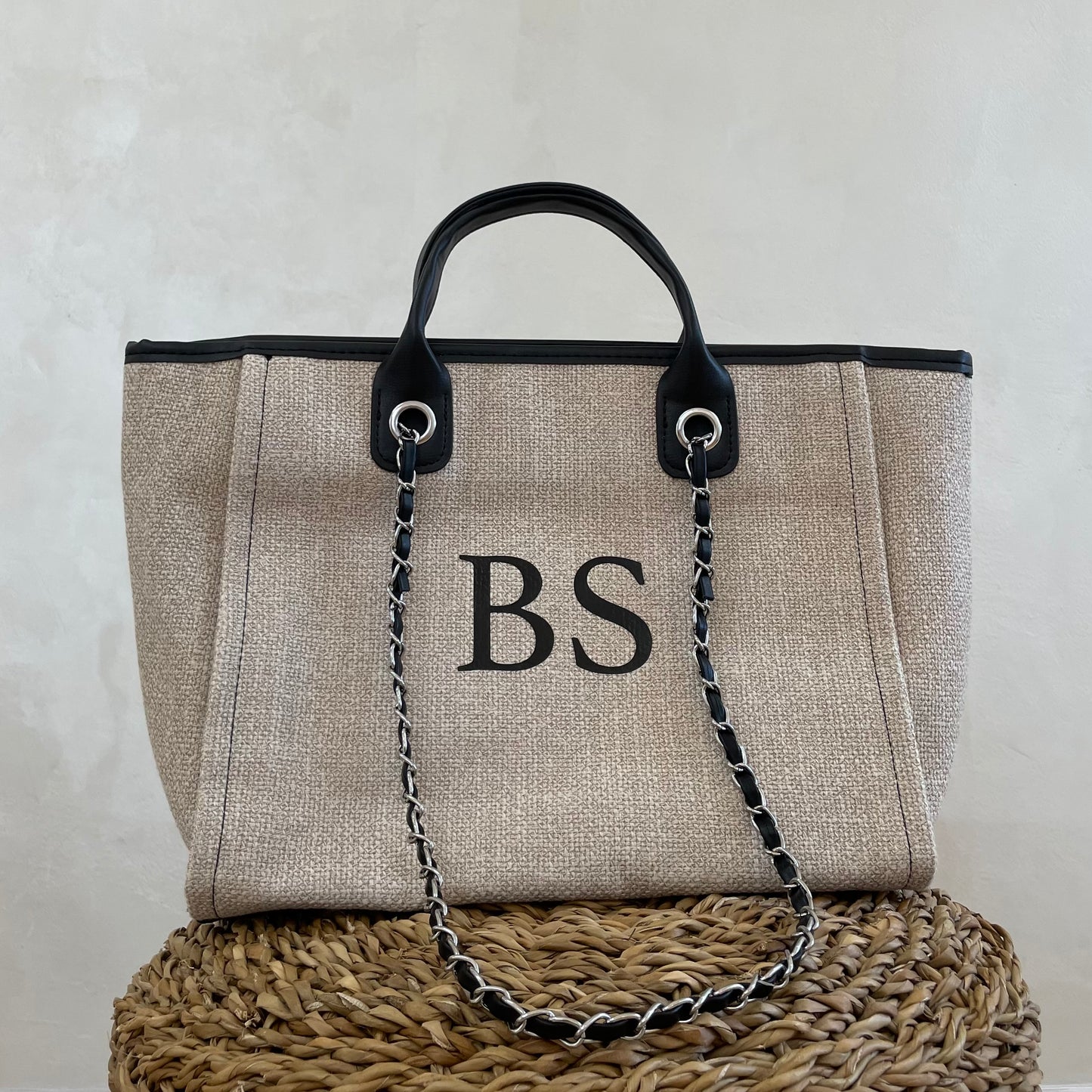 Personalised Beige & Black Chain Large Initial Tote Bags