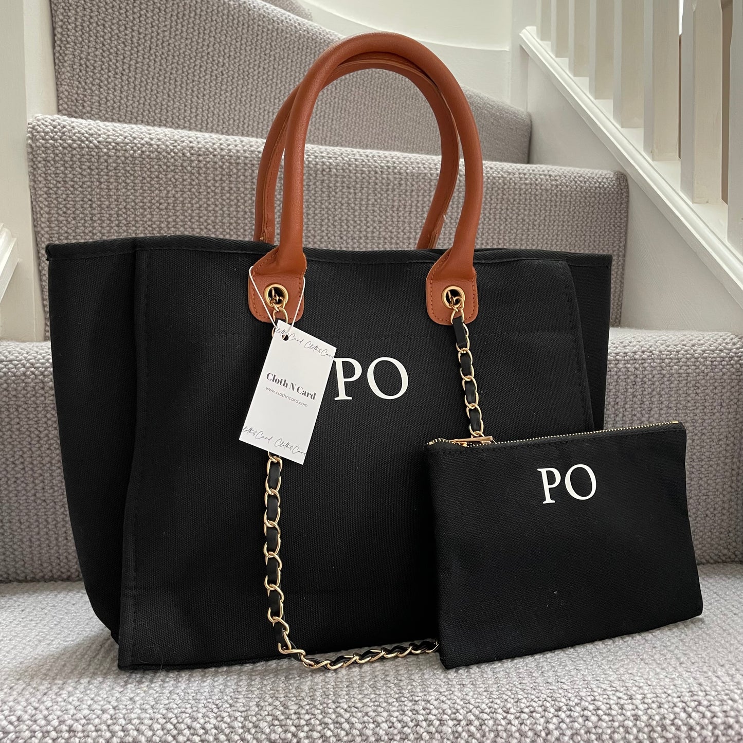 Personalised Black & Brown Large Chain Initial Tote Bags