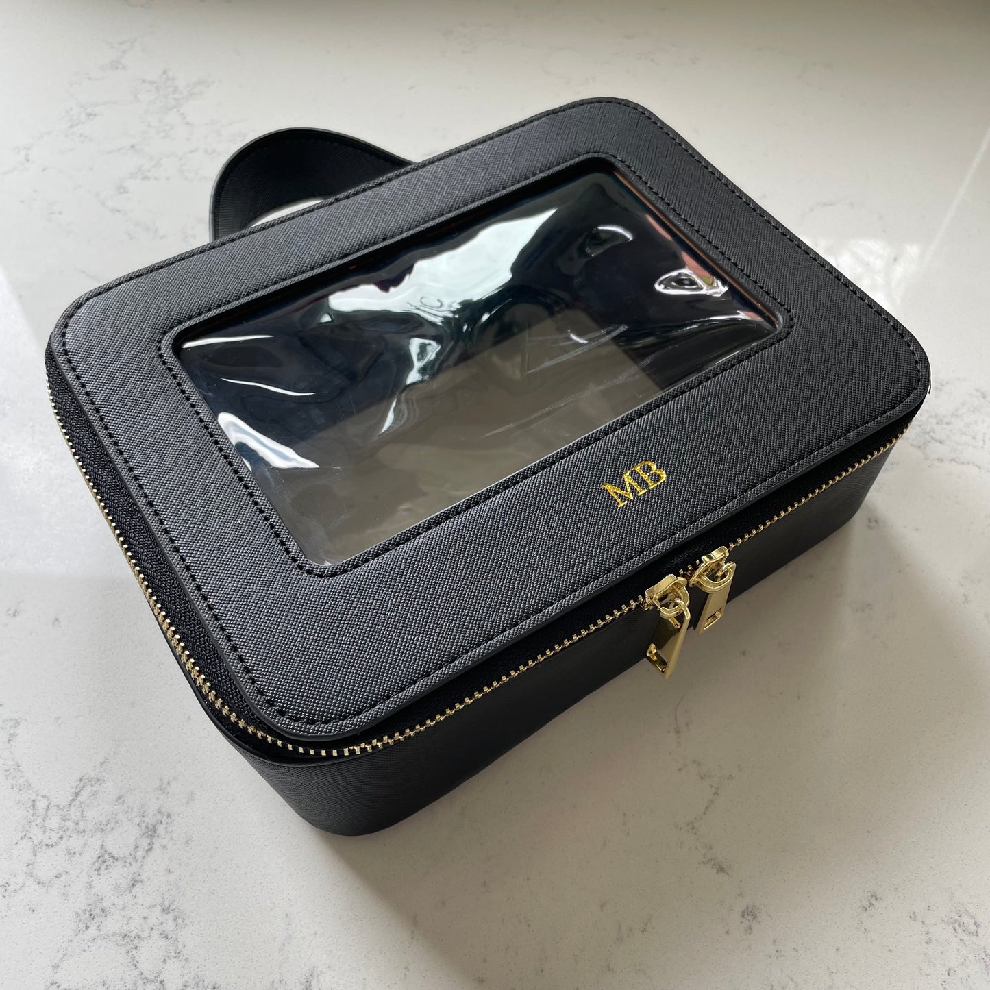 Personalised Black Fine Grain Saffiano Leather Clear Panel Makeup Carry Case