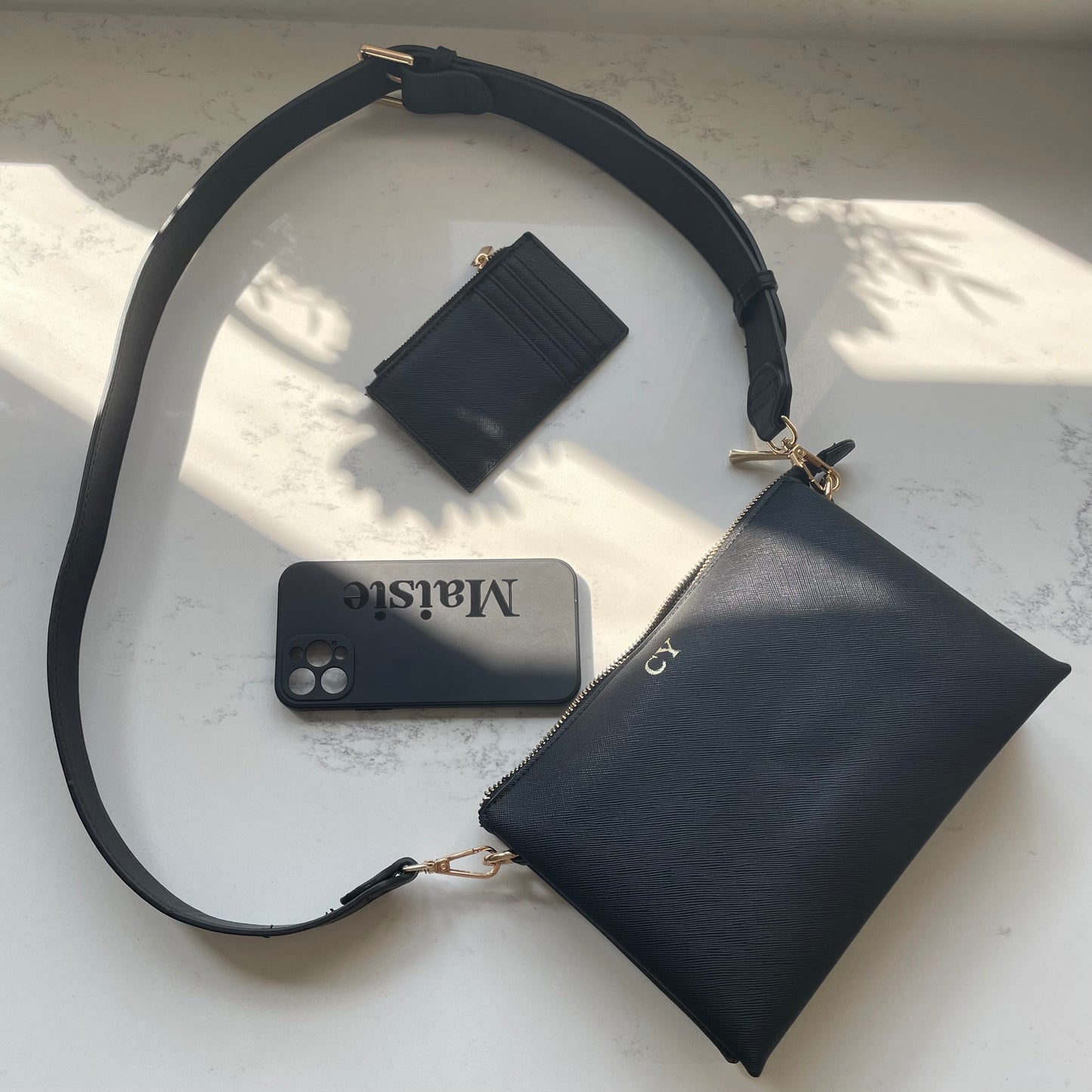 Personalised Embossed Saffiano Leather Trio Cross Body Bag