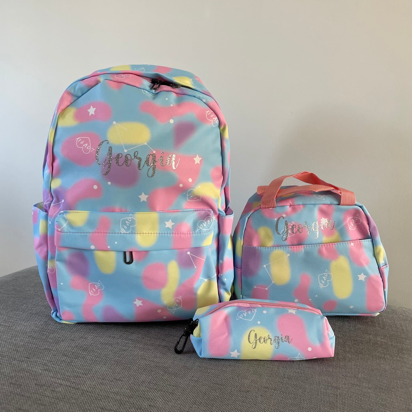 Personalised 3pcs Love Heart Pastel Backpack, Lunch bag & Pencil pouch Set