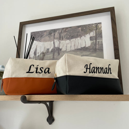 Personalised Embroidered Canvas & Faux Leather Cosmetic Bags