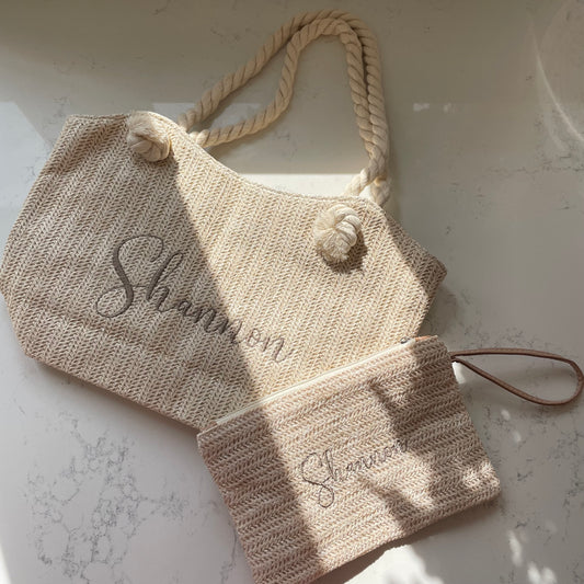 Personalised WILLOW Straw Rope Handle Tote & Clutch bag