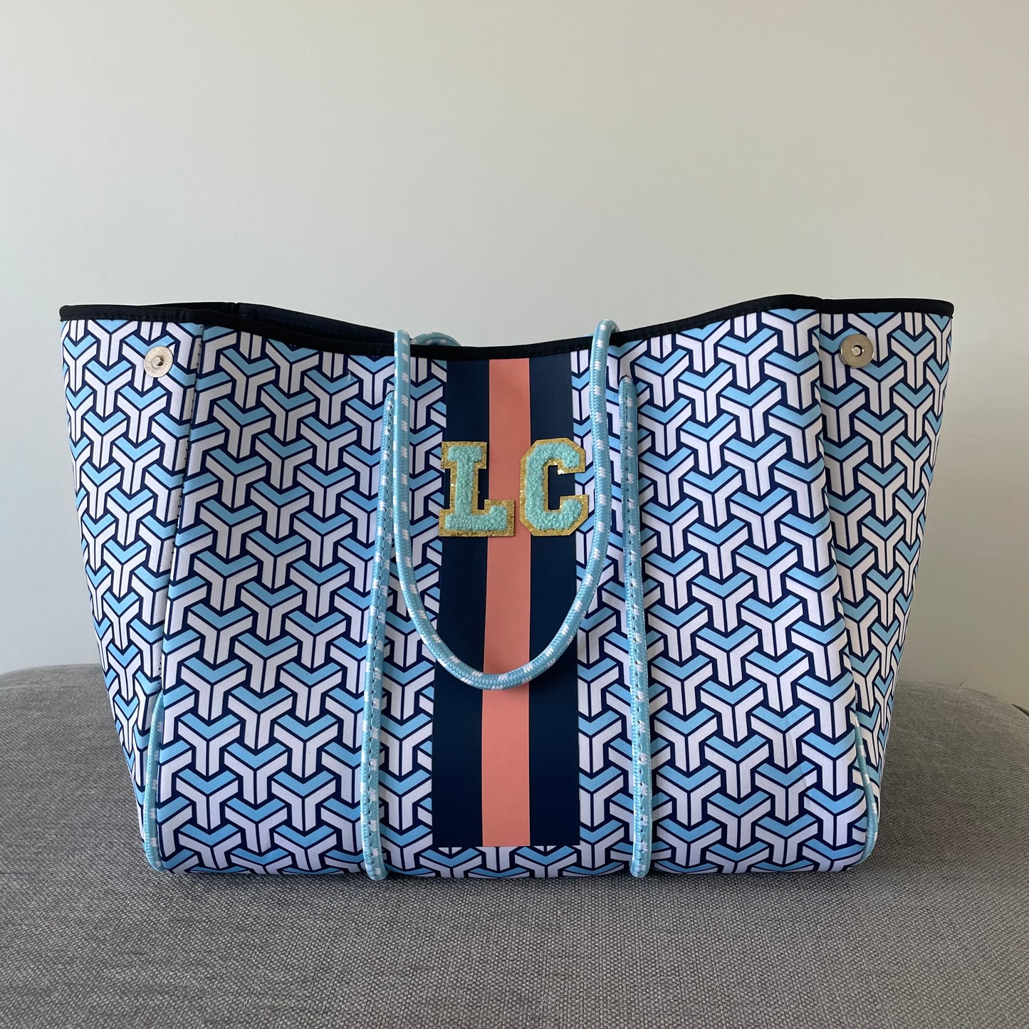 Personalised Geometric Neoprene Patch Blue Stripe Tote Bag & Pouch