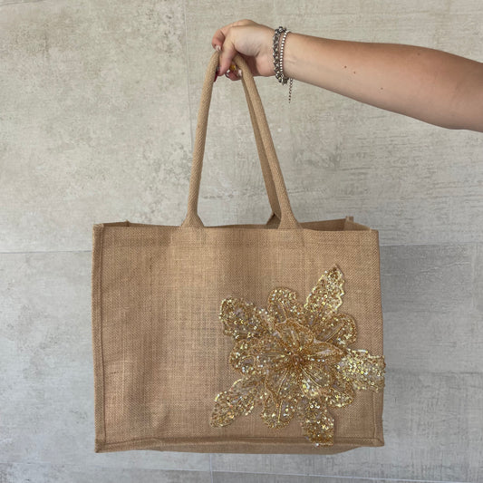 Flower Jute Tote Bag