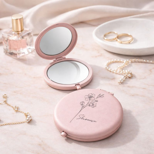Personalised Engraved Pink Flower Pocket Mirror