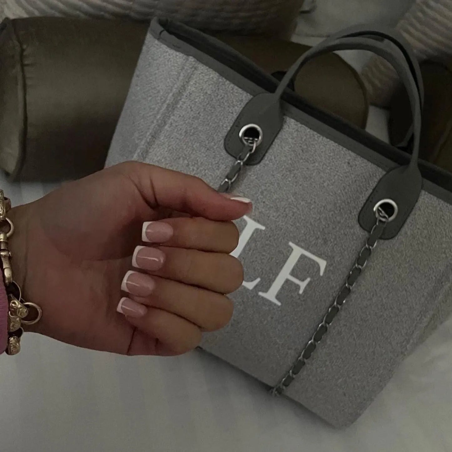 Personalised Grey Chain Large Initial Tote Bags Offer