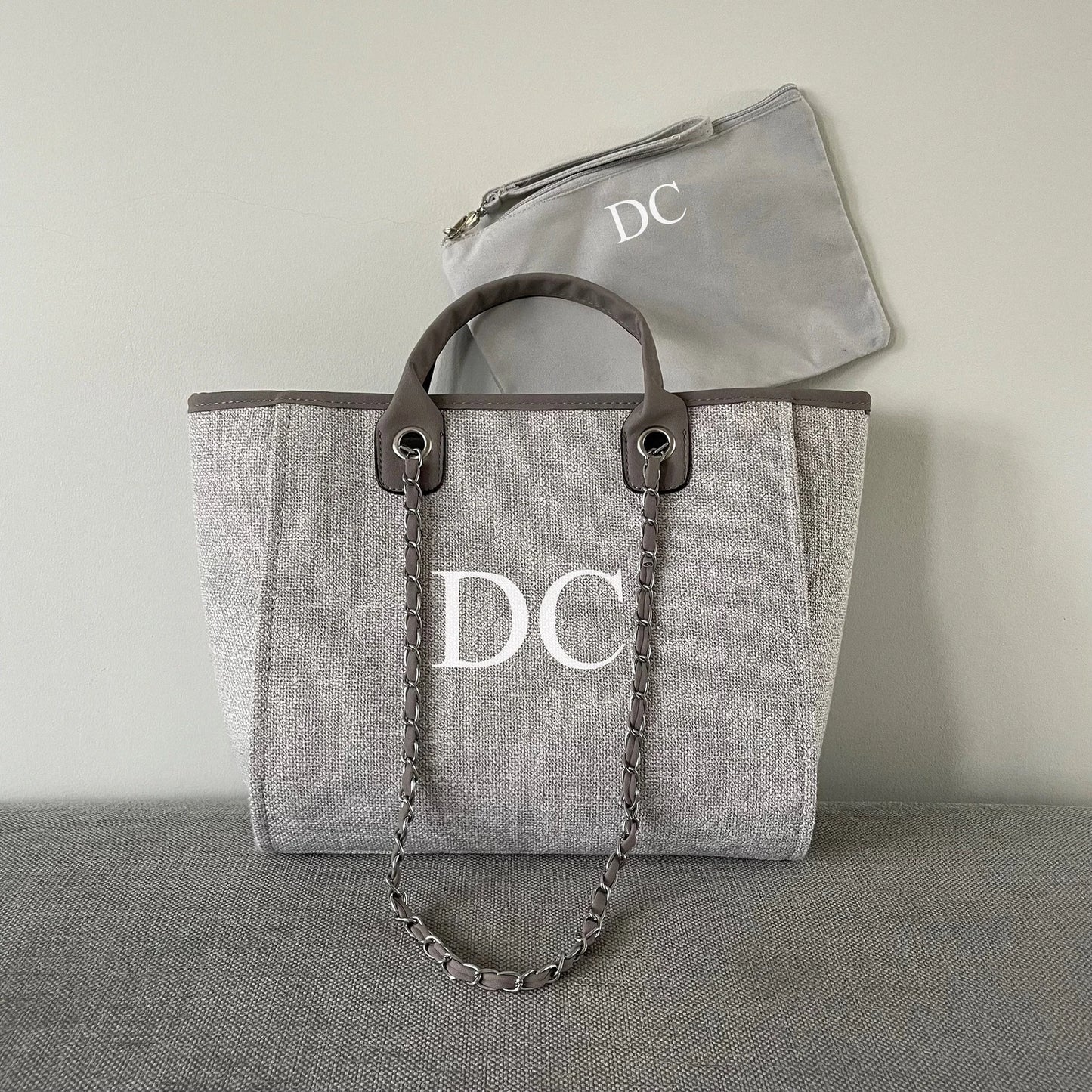 Personalised Grey Chain Large Initial Tote Bags Offer