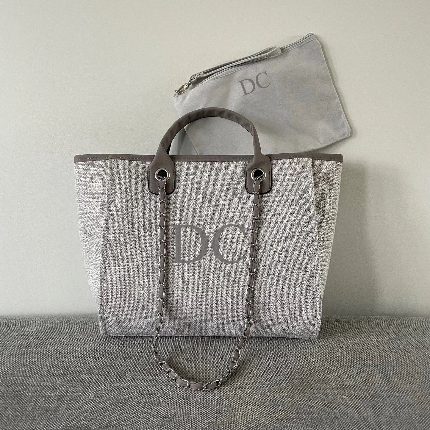 Personalised Grey Chain Large Initial Tote Bags Offer