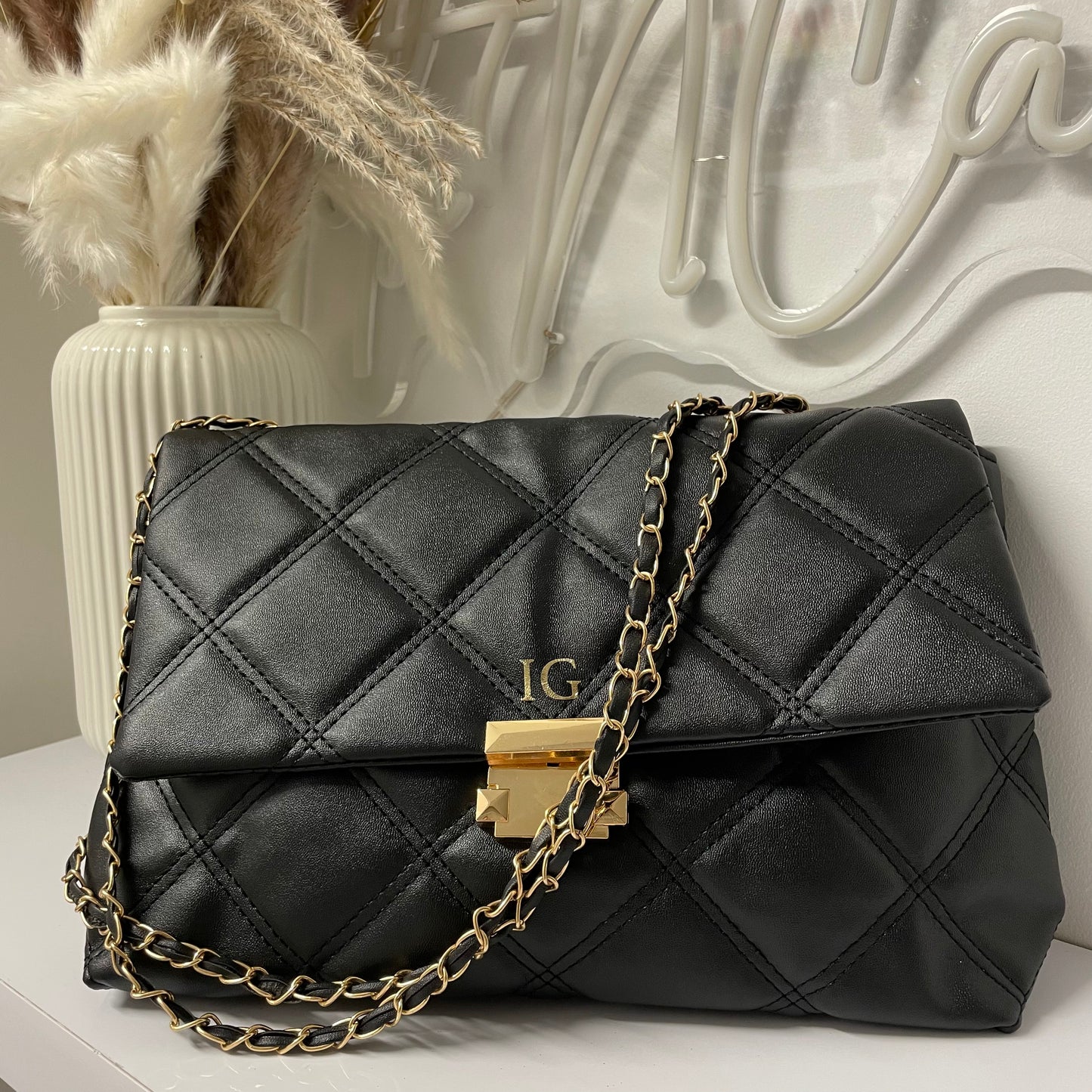 Personalised YASMINE Black Quilted Faux Leather Chain Shoulder Cross Body Bag