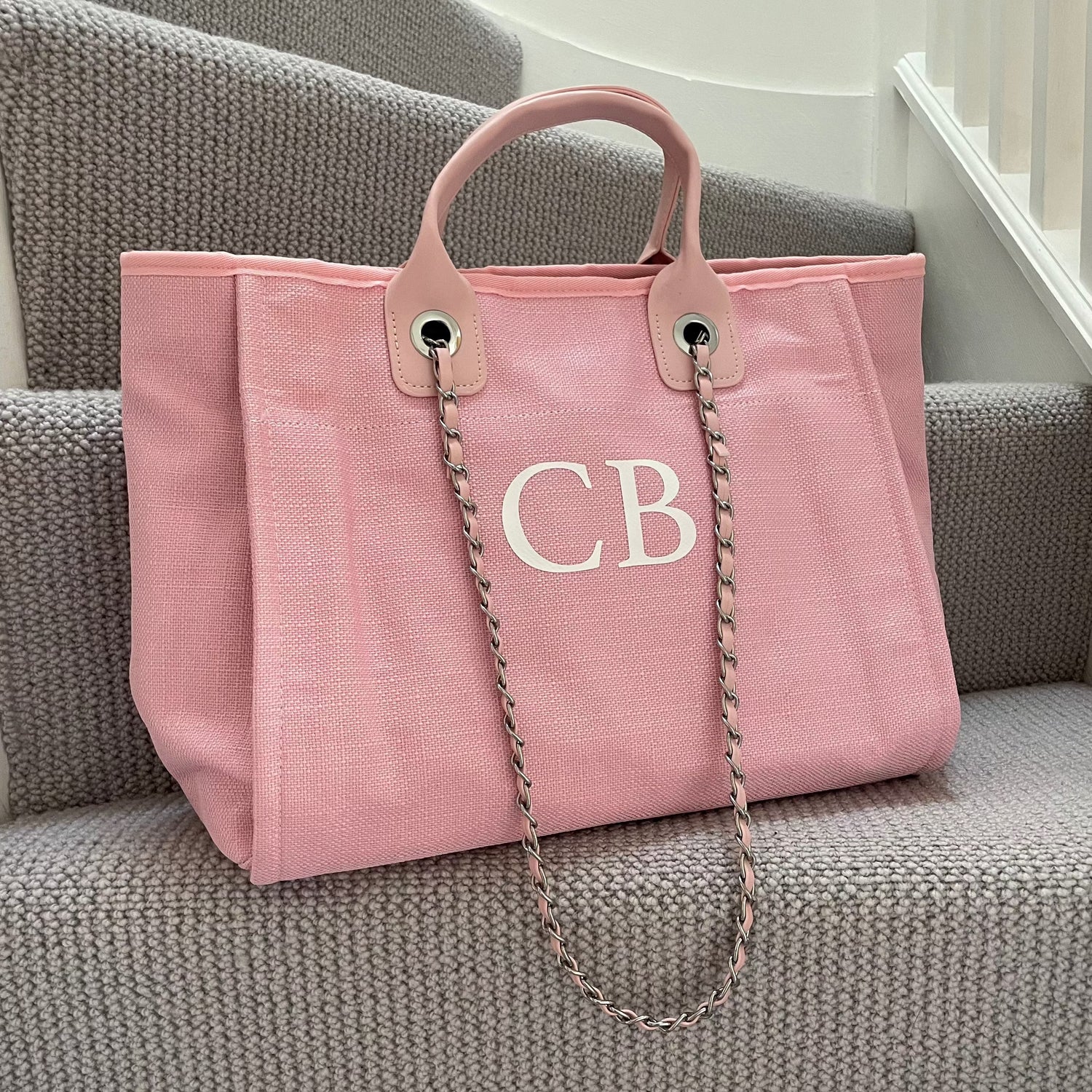 Personalised Pale Pink Large Chain Initial Tote Bags Cloth N Card
