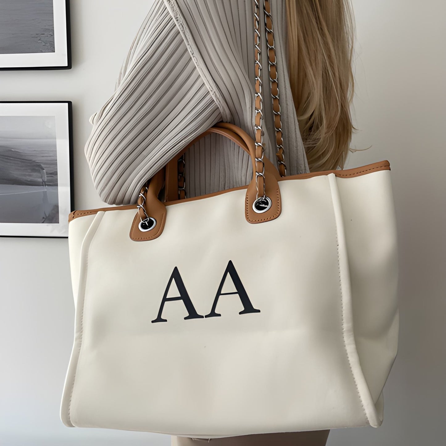 Personalised Cream & Tan Large Chain Initial Tote Bag