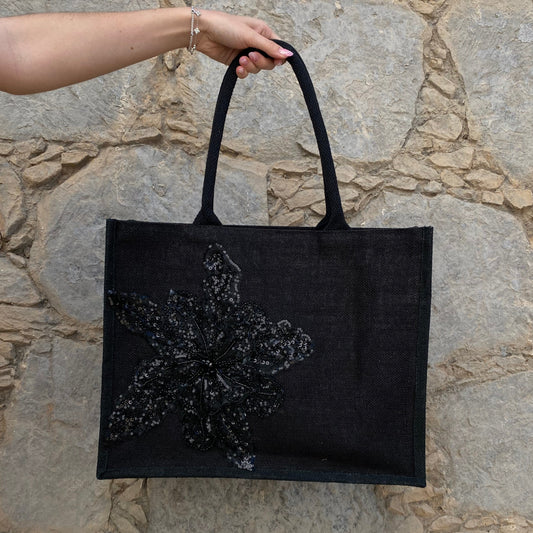 Black Flower Jute Tote Bag