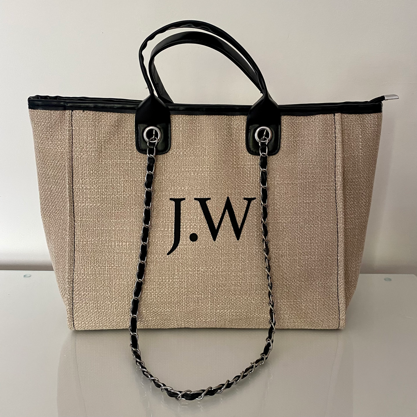 Personalised Beige & Black Chain Large Initial Tote Bags