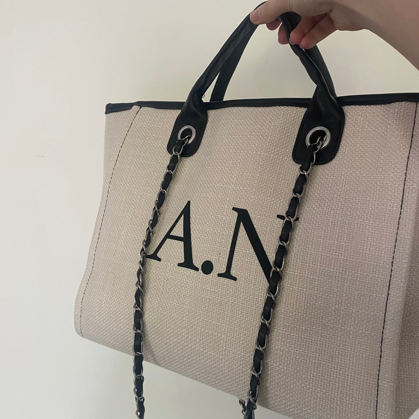 Personalised White & Black Large Chain Initial Tote Bags