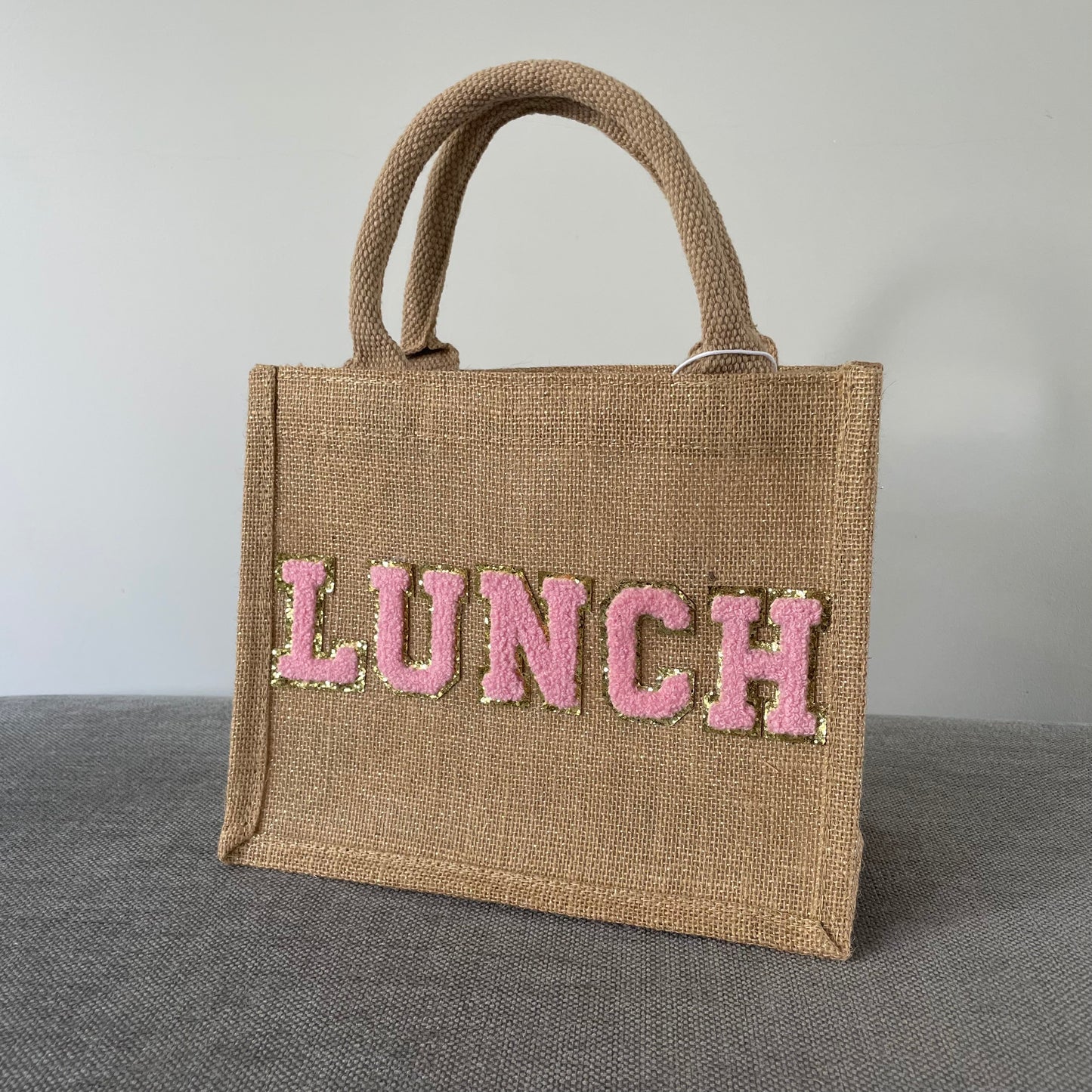 Personalised Patch 5 Letters Square Jute Lunch Bridesmaid Top Handle Gift Bag