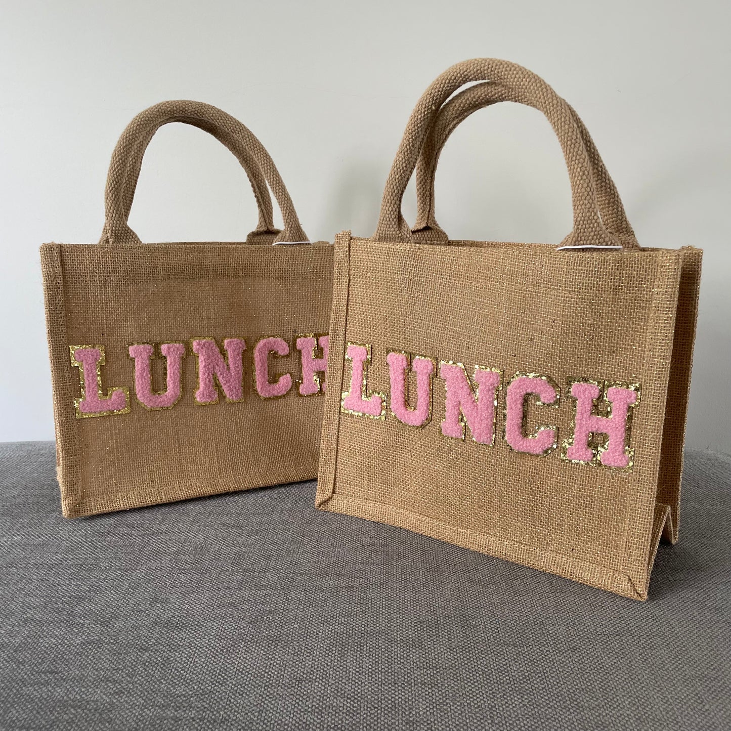 Personalised Patch 5 Letters Square Jute Lunch Bridesmaid Top Handle Gift Bag