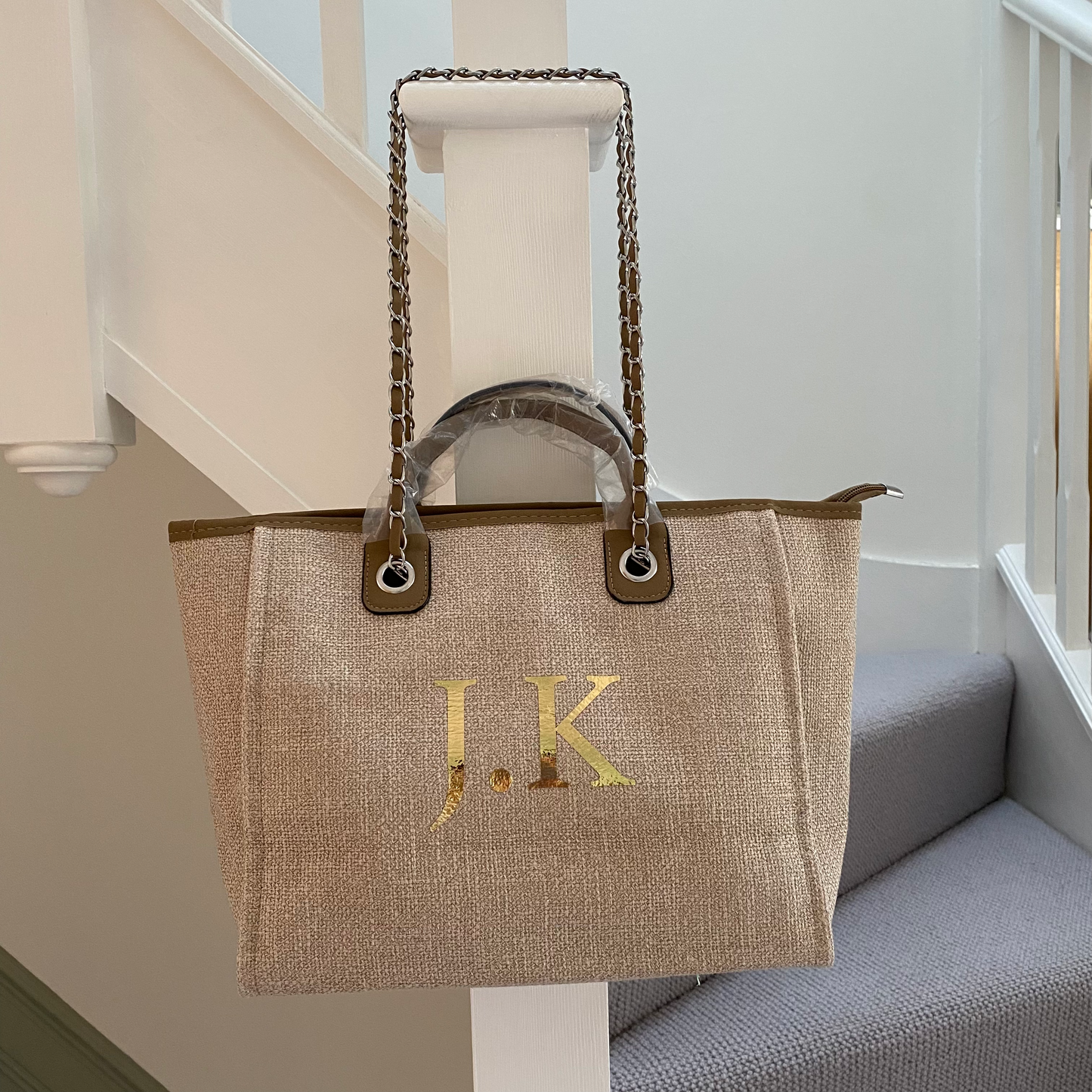 Personalised Beige & Brown Large Chain Initial Tote Bags