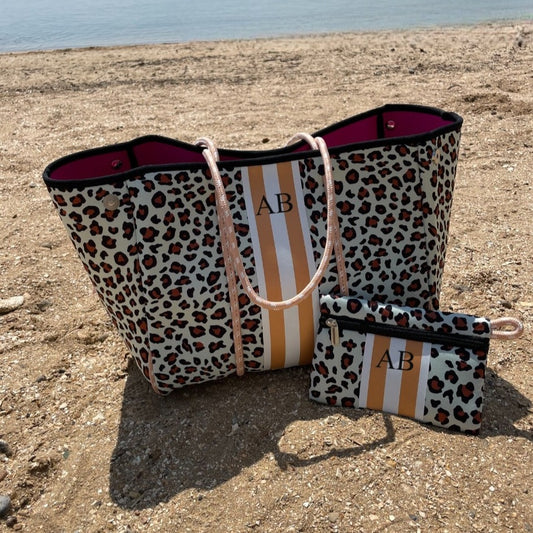 Personalised Leopard Print Stripe Neoprene Tote Bag & Pouch