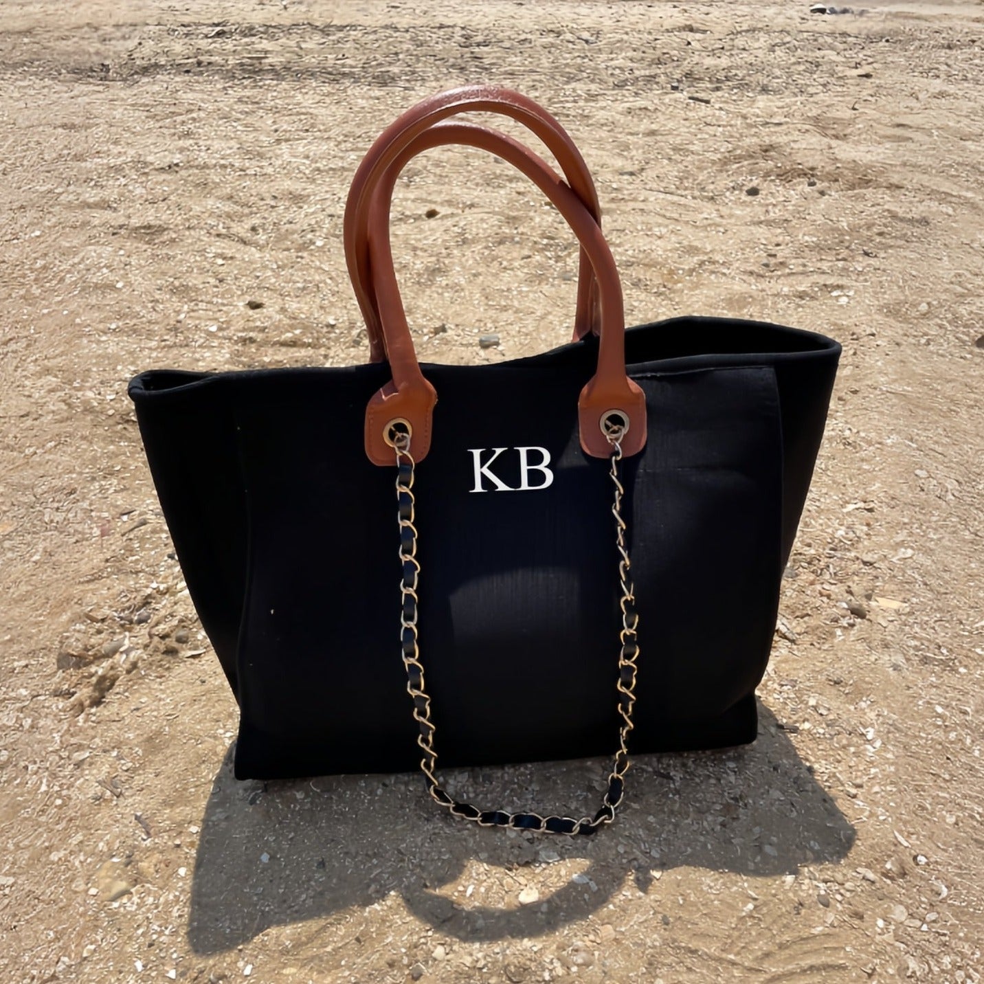 Personalised Black & Brown Large Chain Initial Tote Bags